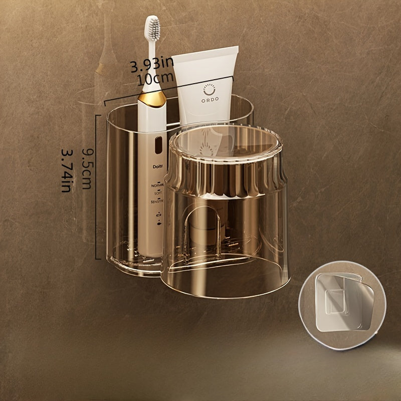 Toothbrush holder with cup that mounts on wall - space-saving bathroom organizer.