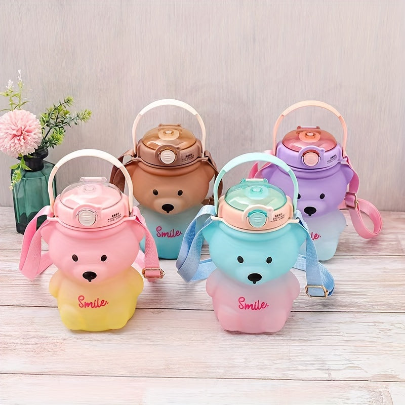 1000ml Transparent Bear Water Bottle with Straws, Backpack, and Handle; Hand wash only, PC Material, Leak-proof, PVC-free.