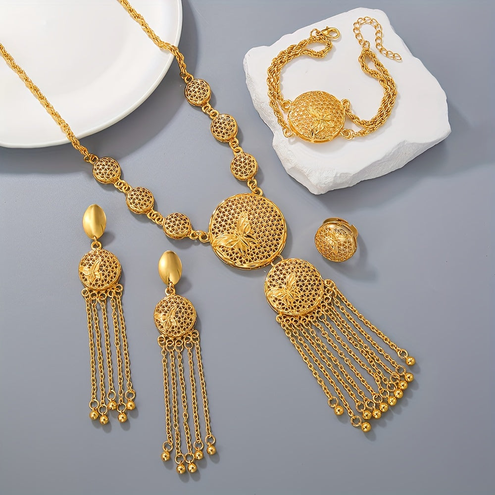 Traditional Bridal Jewelry Set with 5 Pieces: Earrings, Necklace, Bracelet, Ring. Plated with a Classy Hollow Flower Design to Match Daily Outfits