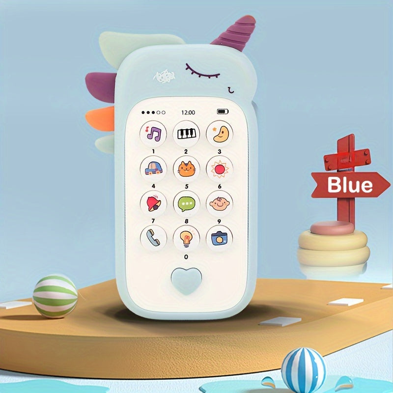 Child-friendly educational toy phone with interactive features, chew-proof design, vibrant colors, music player, storytelling function, made of durable plastic. Includes non-rechargeable AAA batteries.