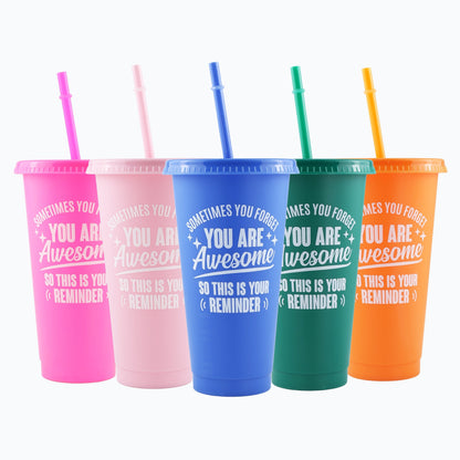 5-Pack of 24oz inspirational tumblers with lids and straws, hand-wash only cups, BPA & PVC free, rectangle sealable mugs for coworkers, teachers, employees.