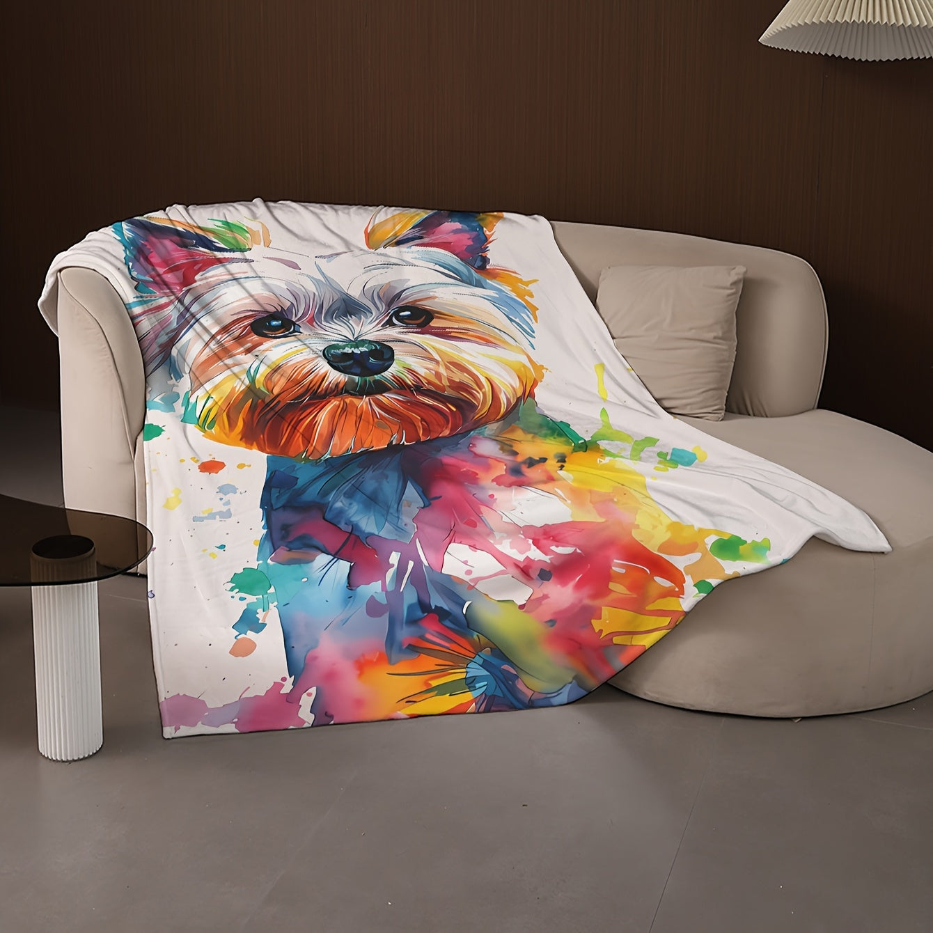 Soft coral fleece throw blanket featuring a contemporary dog print design. Made with digital print polyester and knitted craftsmanship, this blanket is perfect for adding a vibrant touch to your sofa, bed, office, camping trips, travel, or home decor.