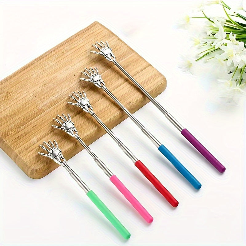 Telescopic stainless steel back scratcher for adults and elderly.