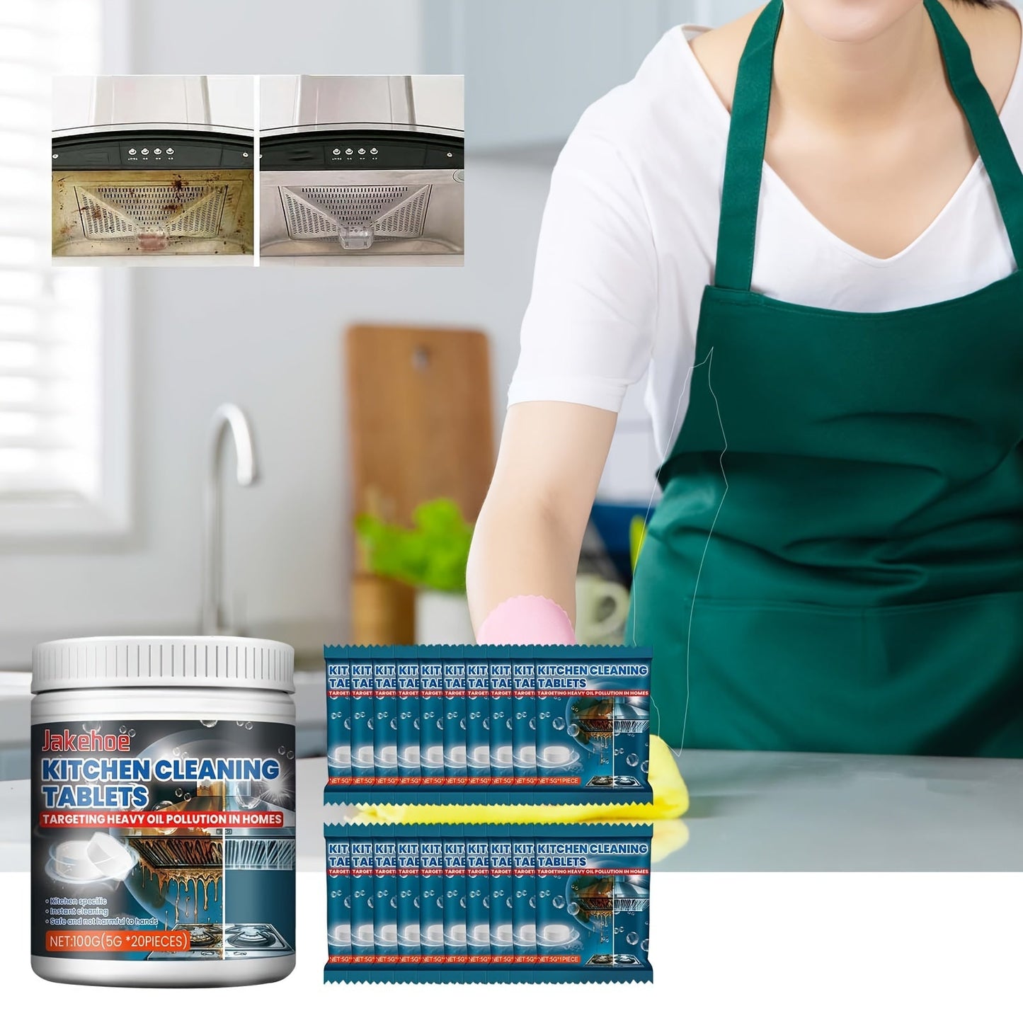 20 tablets of Kitchen Cleaning Effervescent Tablets designed to remove stubborn dirt and stains from kitchen stoves, sinks, and range hoods.