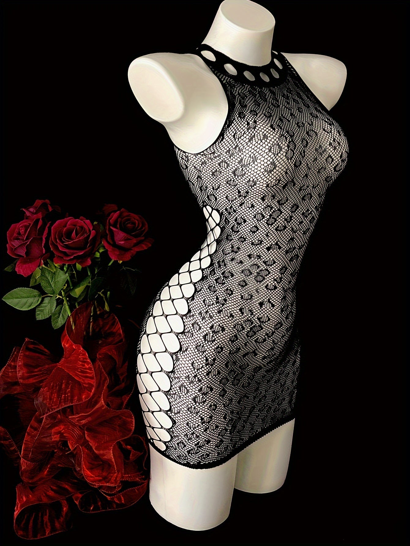 Fishnet bodycon dress with sheer design, ideal for music festivals