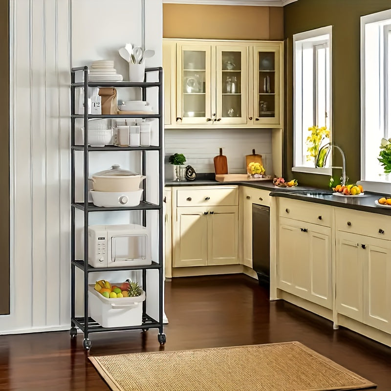 This multifunctional 6-tier rolling storage cart is made of durable metal and features wheels for effortless mobility. Ideal for organizing spaces in the kitchen, bathroom, living room, and balcony.