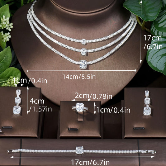 Luxurious Bridal Jewelry Set featuring Multi-Layer Sparkling Square Zirconia, 18k Gold Plating, and Necklace, Earrings, Ring, and Bracelet. Perfect for Women on their Wedding Day or Special Occasion.