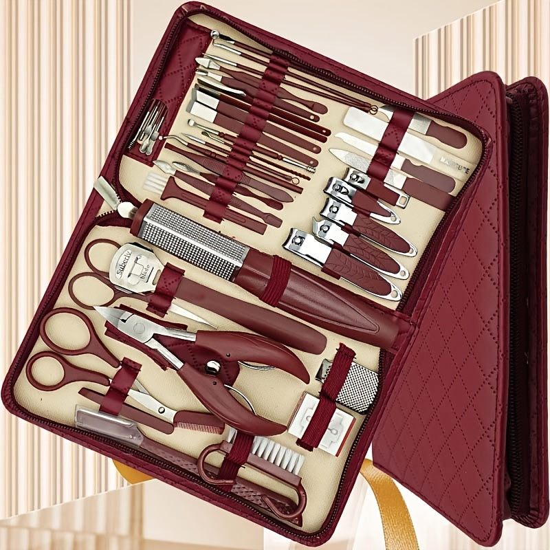 42-piece stainless steel nail clipper set with zipper case featuring diamond pattern design, including large eagle mouth pliers, pedicure knife, ear scoop, and eyebrow trimmer.