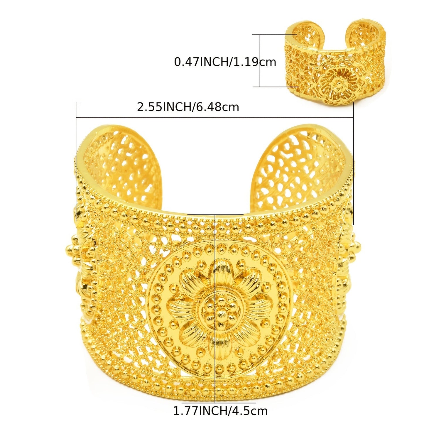 Add a touch of elegance to your outfit with this stunning set featuring a 24K golden plated zinc alloy bangle and ring. The floral design is adjustable, making it perfect for women to wear daily or for special occasions such as parties, engagements