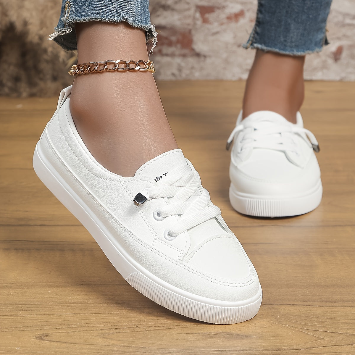 Women's casual flat white sneakers - versatile and easy to wear.