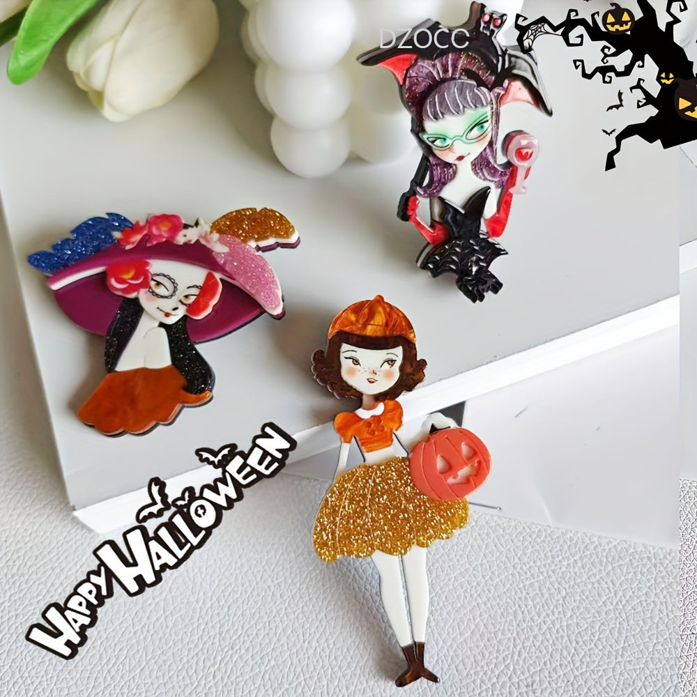 Retro Punk Inspired Acrylic Brooch Pins - Quirky Cartoon Designs for Scarves and Jackets, Featuring Halloween Icons like Pumpkins, Skeletons, and Bats