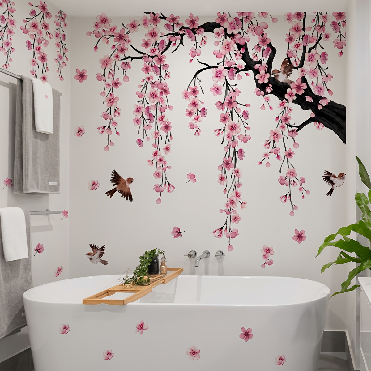 Set of 4 pink peach blossom tree bird falling flower stickers for living room, bedroom, and bathroom wall decor.