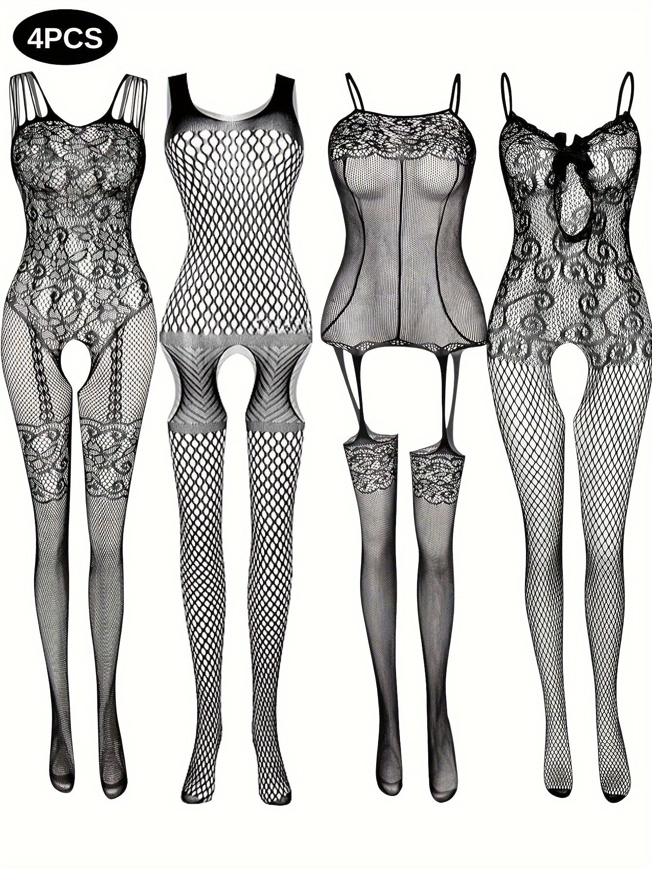 Fashionable 4-piece bodystocking set for women, without lingerie or underpants.