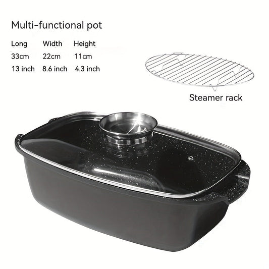 Hard-Anodized Non-stick Fish Poacher with Steamer Rack - Oval Roaster Pan for Fish and Seafood - Compatible with Induction, Gas, and Ceramic Cooktops - Includes Lid and Oven Safe Baking Tray - 13-Inch Aluminum Oval