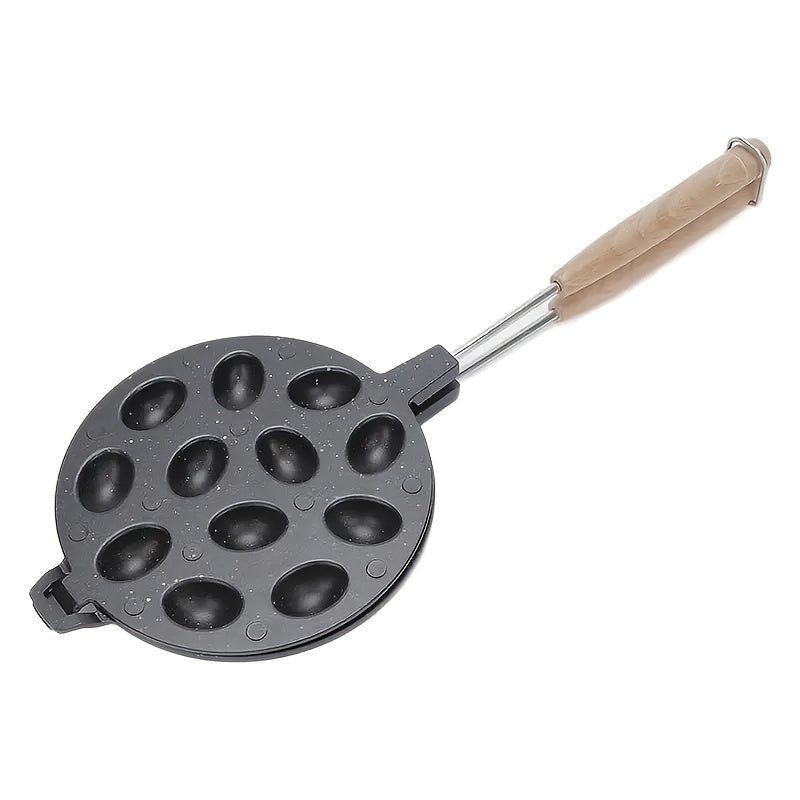 12-Cavity Non-Stick Pecan & Walnut Mold Pan with Wooden Handle - Ideal for Egg Waffles, Cakes, Pancakes - Durable Aluminum Alloy, Great for Outdoor Cooking and Holiday Baking