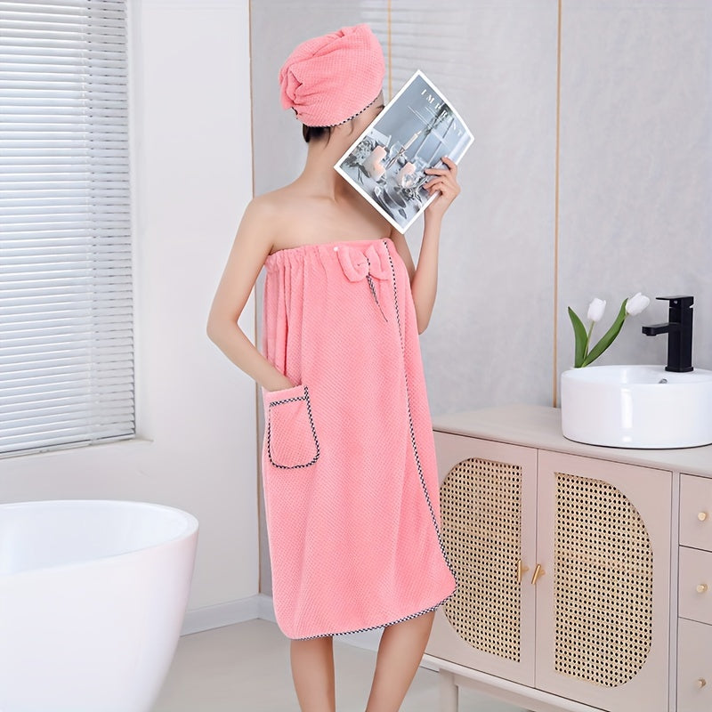 Two-piece bath towel set for adults includes wearable towel with hair towel, bowknot bath skirt, absorbent bathrobe with pockets, bow decor bath wrap towel with shower cap. Perfect bathroom accessories.