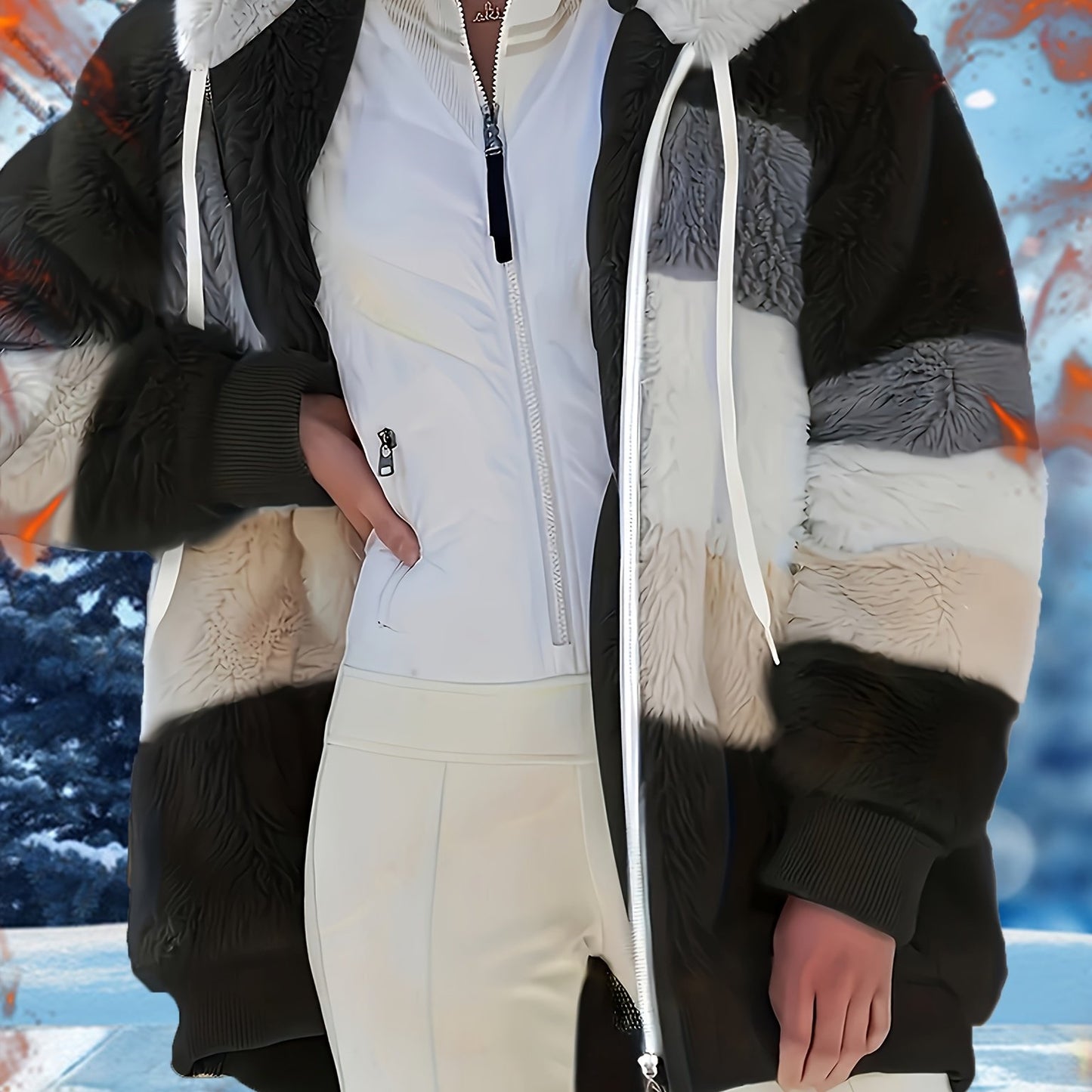 Winter lounge top for women with colorblock design, thick fleece, front zipper, hood, and drawstring coat. loungewear.