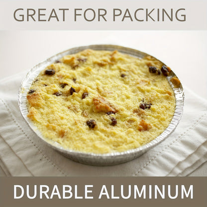 10 to 20 pieces of 22.86 cm disposable round aluminum foil pans with a choice of clear or board lids, perfect for baking, cooking, storing, and reheating.