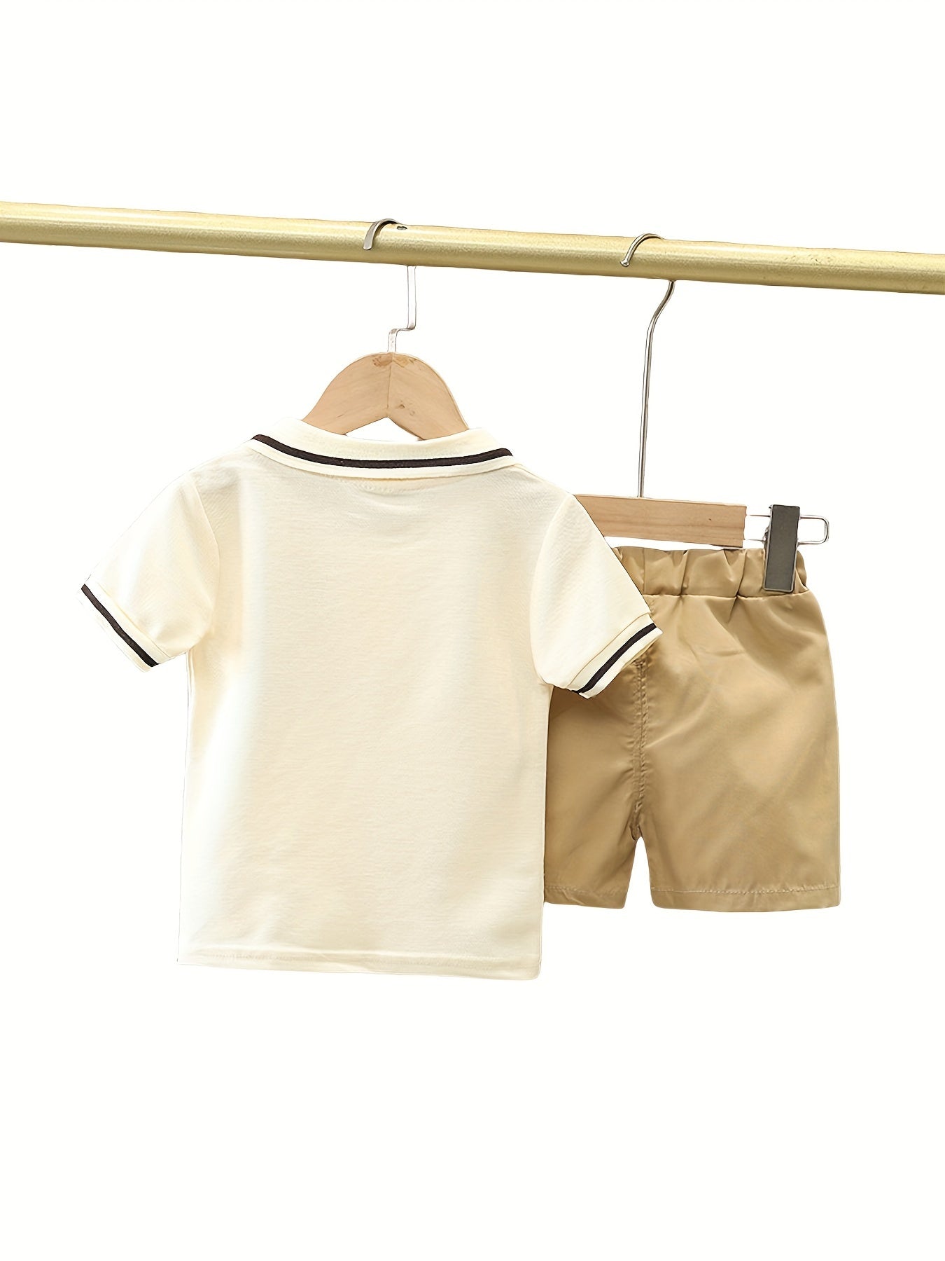 Boy's casual 2-piece set with short sleeve golf shirt featuring cute bear patch design and elastic waistband comfy shorts in pure fabric, perfect for spring and summer daily and outdoor