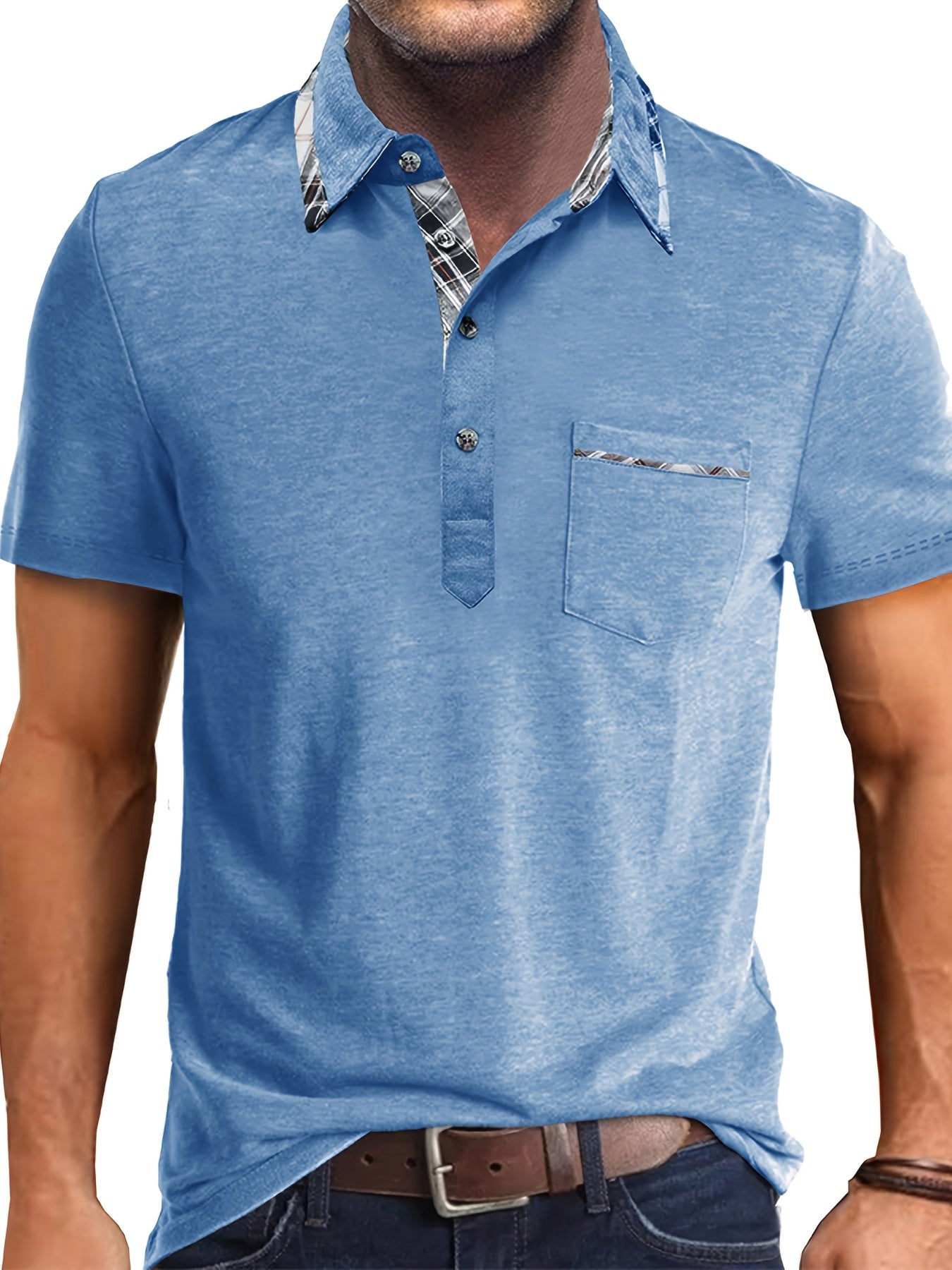 Men's plus size polo shirt with pocket, plaid lapel collar, knit fabric with slight stretch (77% polyester, 19% viscose, 4% elastane), ideal for summer at 180g/m² weight.