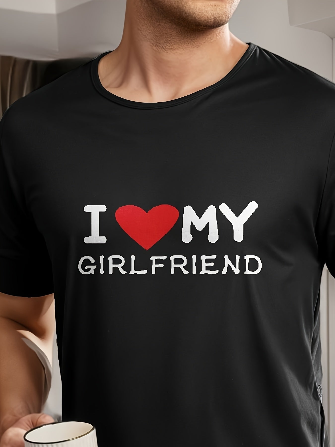 Men's and Women's couple's pajama set with "I Love My Girlfriend" printed t-shirt and red checkered pants, made of polyester knit fabric with crew neck, regular fit, medium stretch, 97%