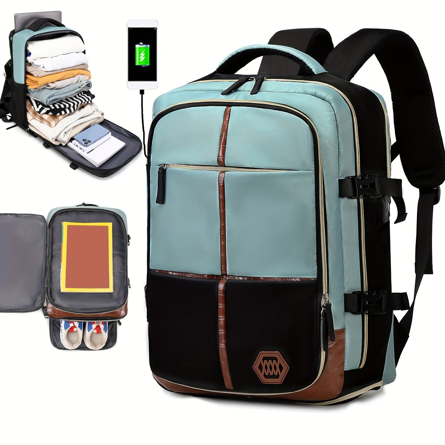 Stylish white and black travel backpack with shoe compartment, USB charging port, and durability for outdoor and school use.