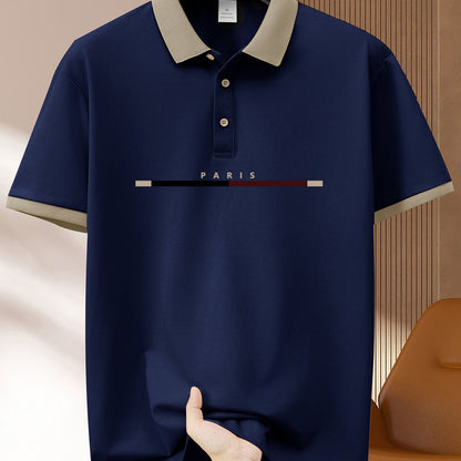 1pc Men's casual polo shirt with geometric pattern made of summer knit polyester, featuring a button collar and short sleeves. Available in navy blue, light green, khaki, black, and pink.