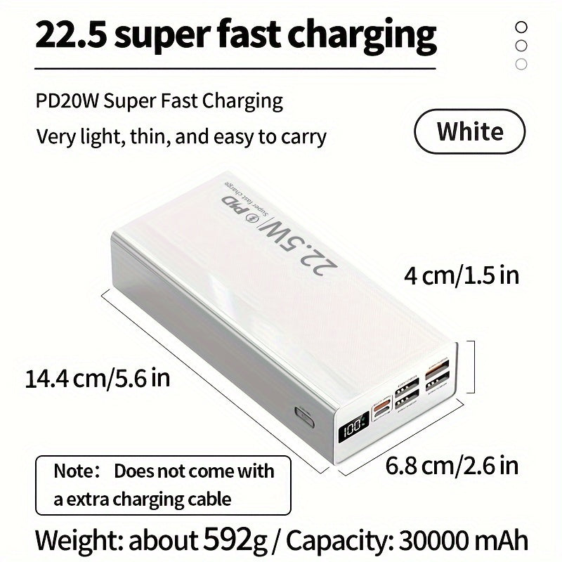 Large capacity power bank with fast charging capabilities, multiple input/output interfaces, intelligent battery display, and compatibility with various mobile devices. Ideal for outdoor