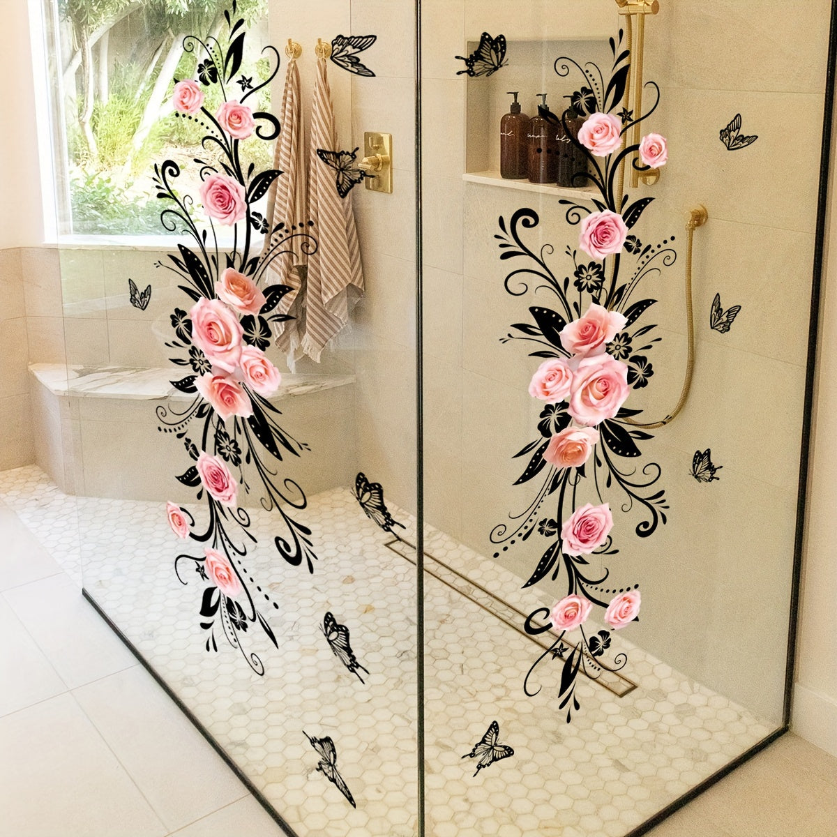 Double-sided pink rose and black butterfly decals for bathroom and living room walls.