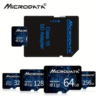 New micro TF SD cards with 32GB SDHC Class 10 for fast storage, also in 64GB, 128GB, and 256GB U3 SDXC mini flash drives for smartphones with an SD adapter.