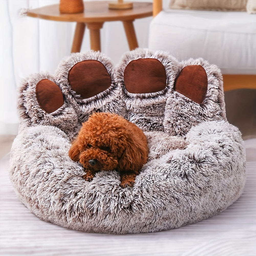 Soft paw-shaped pet bed for small to medium dogs and cats. Warm gray round sofa bed ideal for winter snuggling.