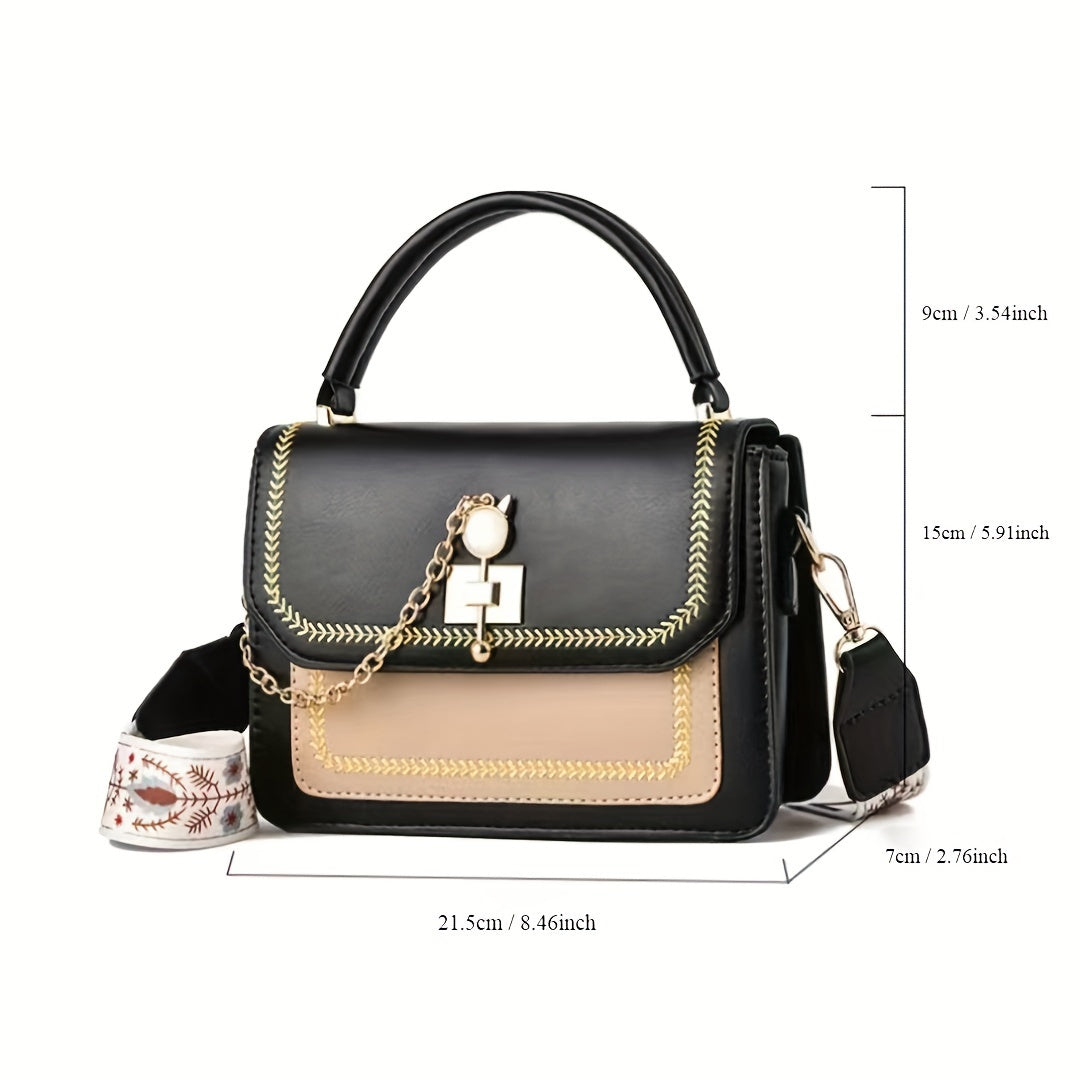 Stylish two-tone women's handbag with adjustable printed strap, made of PU material.