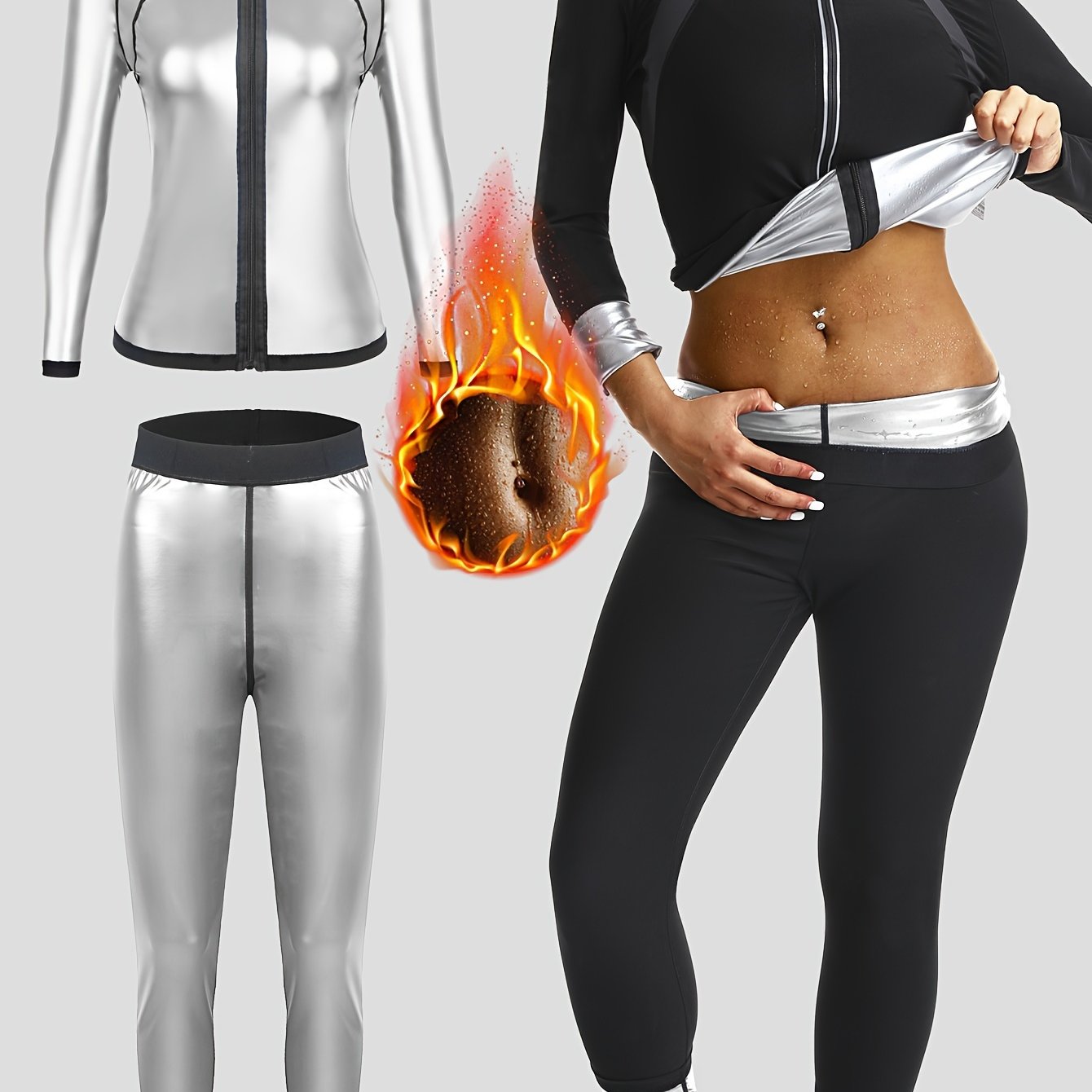 Women's fitness long sleeve pants suit for sauna sports, European and American design. Perfect for yoga and fitness, includes jacket and shorts.