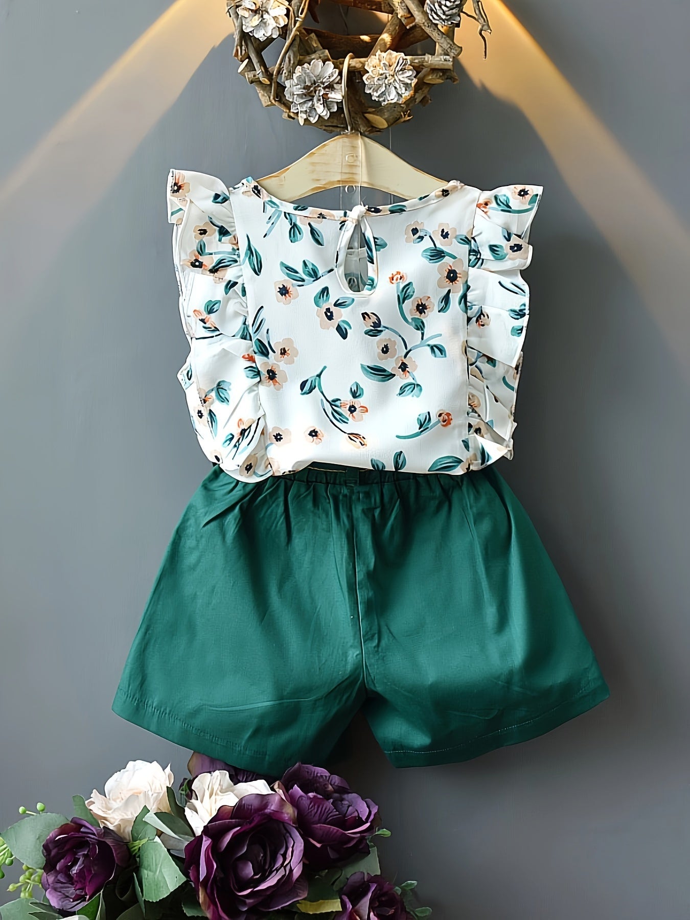 Summer Girls Floral Chiffon Top and Shorts Set with Belt