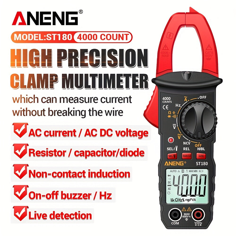 ANENG ST180 is a 4000 count digital clamp meter for measuring AC current, voltage, frequency, capacitance, and resistance, as well as testing car amps and non-contact voltage.