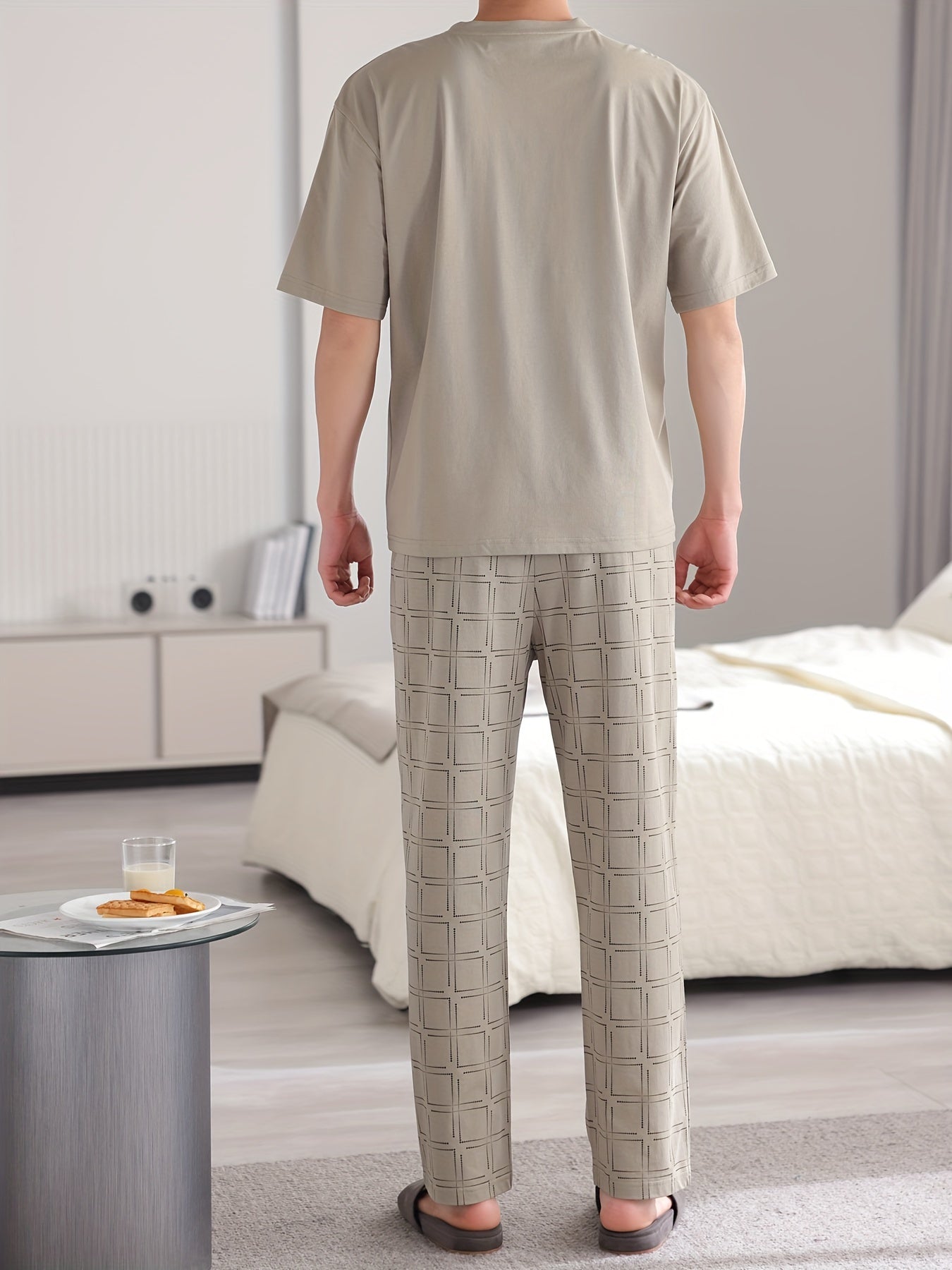 Men's Plus Size 2-Piece Cotton Pajama Set with Trendy Design, Short Sleeve Top, and Geometric Print Trousers. Comfortable and Skin-Friendly Loungewear for Men.