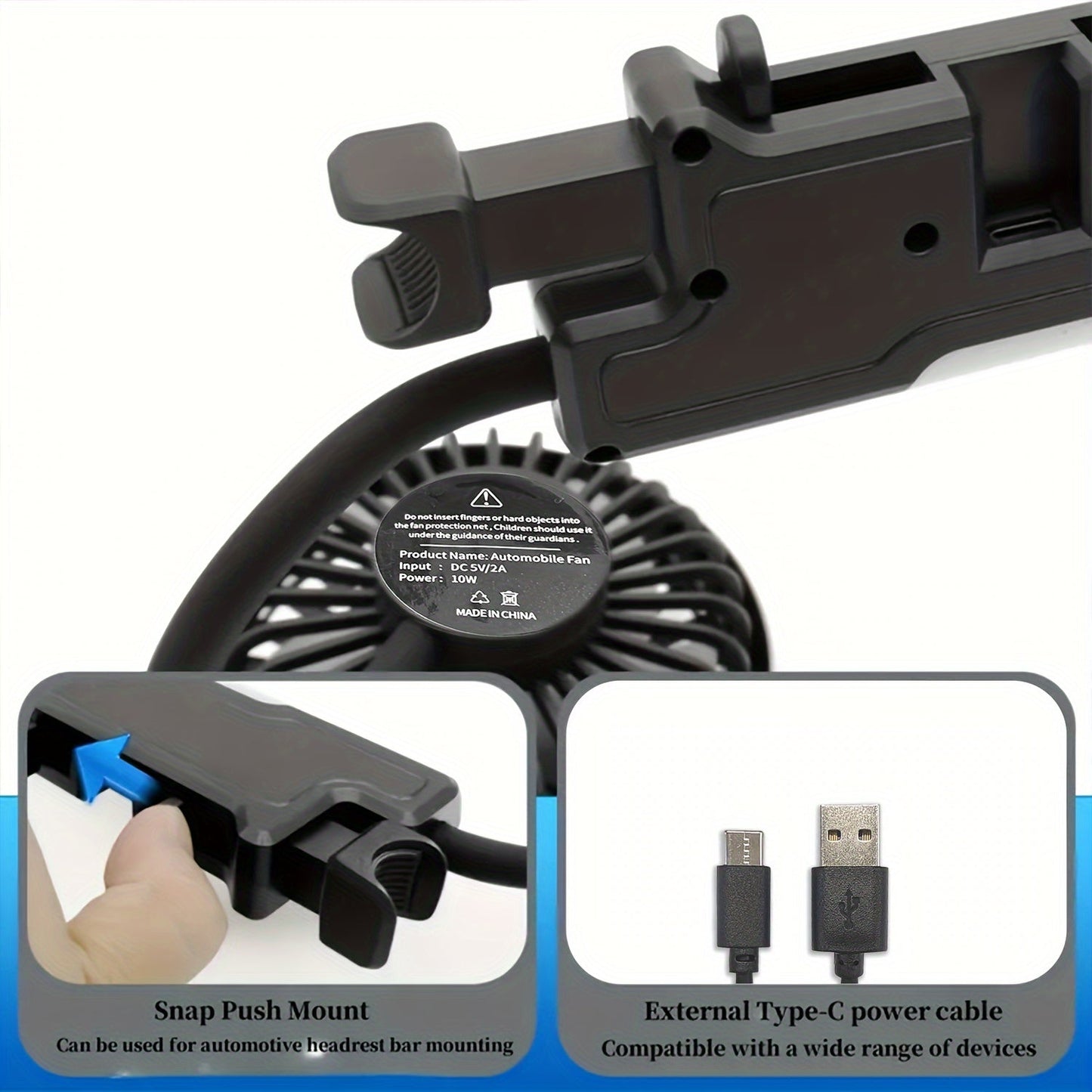 Adjustable Dual-Head Car Fan with Dual Motor Controls, Strong Airflow, Simple Installation & Compact Storage - USB Powered and Battery-Free Operation