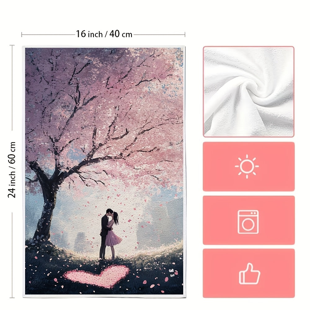 Kitchen Towels Ultra Soft, Set of 2, Featuring a Romantic Scene Under a Cherry Blossom Tree with Petals Falling as a Couple Kisses Beside a Heart Drawn in the Grass. Highly Absorbent Dish Hand Towels for Holiday Decor. Machine Washable, Measures 16x24