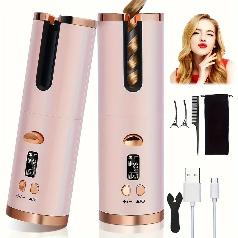 5 heat settings auto-curler with ceramic coating, anti-scald technology, tangle-free design, and quick charge USB rechargeable lithium battery. Ideal for styling, special occasions, and