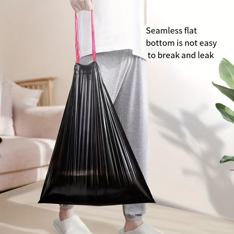 Pack of 100 super thick heavy duty leak-proof black garbage bags with drawstring for privacy protection. These opaque single-use plastic bags are suitable for use in the kitchen, bathroom, bedroom, living room, outdoor areas and for cleaning. The