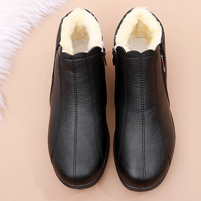 Winter fleece-lined boots for women with anti-slip soles, in fashionable snow boot design. Made with man-made upper, flannel inner and insole, and rubber sole. Available in plus sizes.