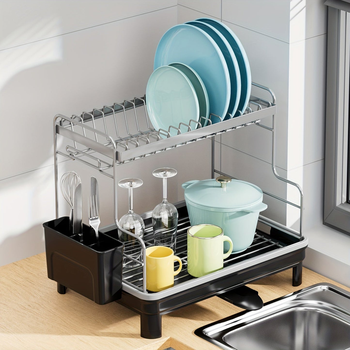 Multipurpose 2-Tier Metal and Plastic Dish Drying Rack with Drain Tray, Swivel Spout, and Sink Caddy - Countertop Storage Organizer for Dishes, Cutlery, Pots, Dish Brush, and Sponge Holder, Ideal for Kitchen and Bathroom Accessories