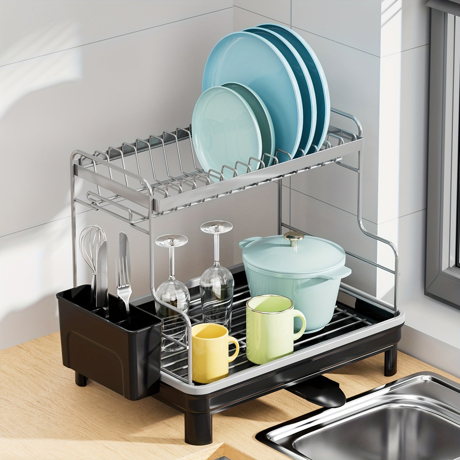 Multipurpose 2-Tier Metal and Plastic Dish Drying Rack with Drain Tray, Swivel Spout, and Sink Caddy - Countertop Storage Organizer for Dishes, Cutlery, Pots, Dish Brush, and Sponge Holder, Ideal for Kitchen and Bathroom Accessories