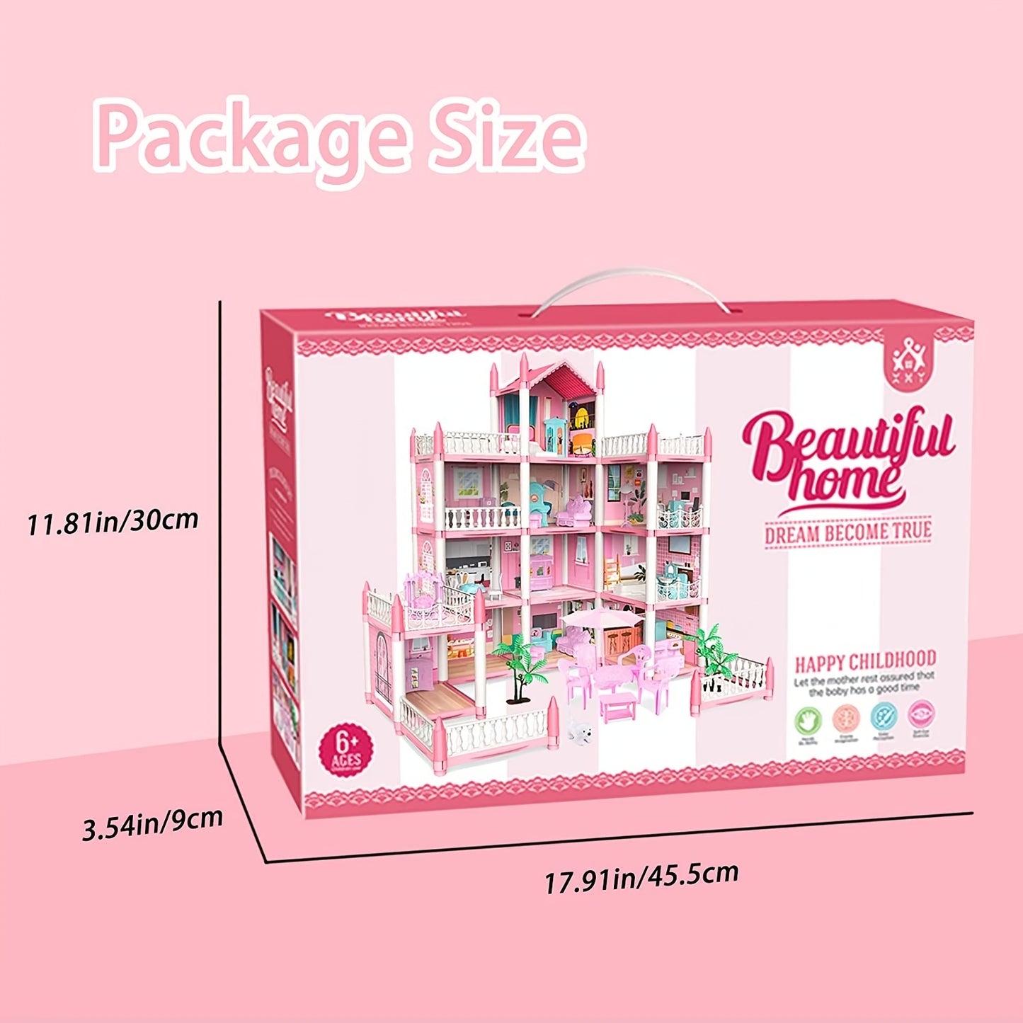 Pink doll set includes 11 rooms and furniture accessories for children's pretend games. Ideal birthday gift for girls aged 5-9.