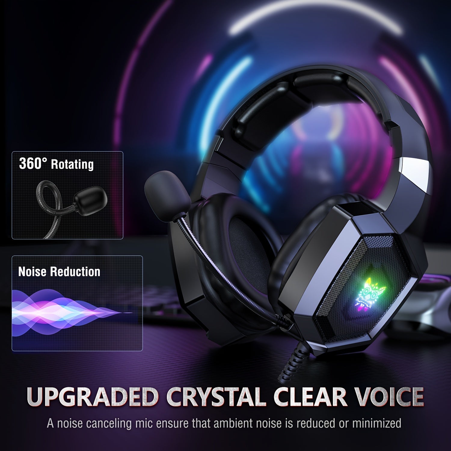 ONIKUMA K8 Wired Gaming Headphones with Noise-Canceling Mic, LED Lights, 360° Rotating Ear Cups, USB-Powered for Crystal Clear Sound and Immersive Gaming.