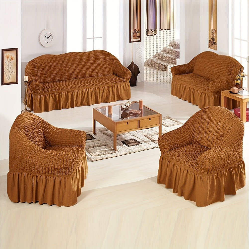 Stretch sofa slipcover with skirt, washable and durable, universal fit.