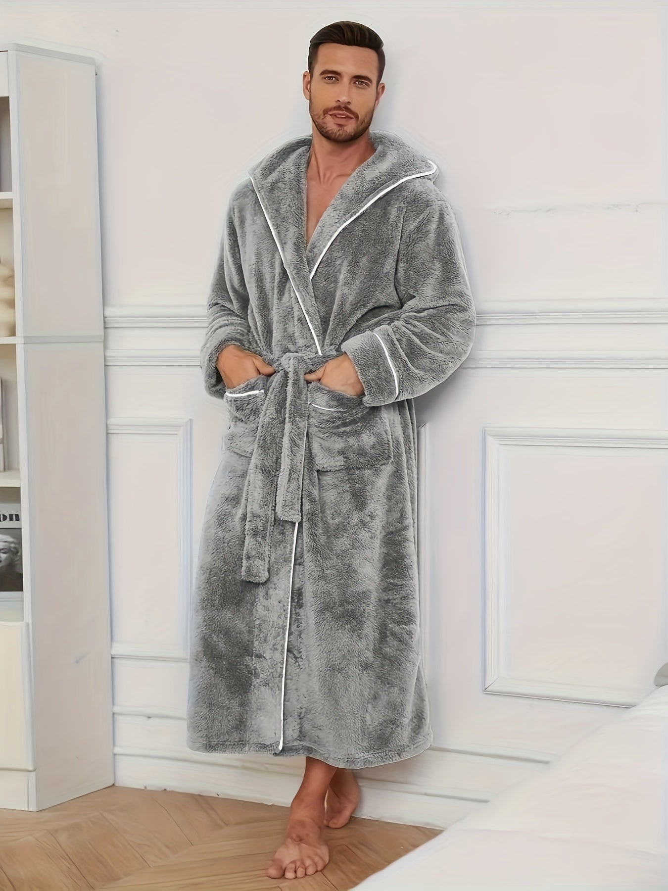 Soft and comfortable black fleece bathrobe with color-block design for men, featuring a hood, long sleeves, and belt detail. Suitable for home and hotel use, machine washable.