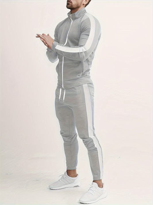 Men's Casual 2-Piece Color Block Outfit: Full Zip Jacket & Drawstring Pants, Breathable Sports Set