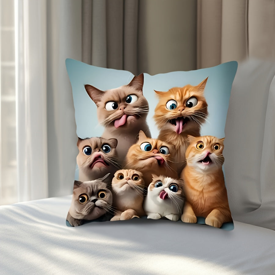 One-piece Glam Style Funny Cats Pillowcase, measuring 44.96cm x 44.96cm. Made of machine washable polyester fiber with a zipper closure. Features a woven decorative cushion cover for use on sofa, couch, or car. Single-side print, insert not included.