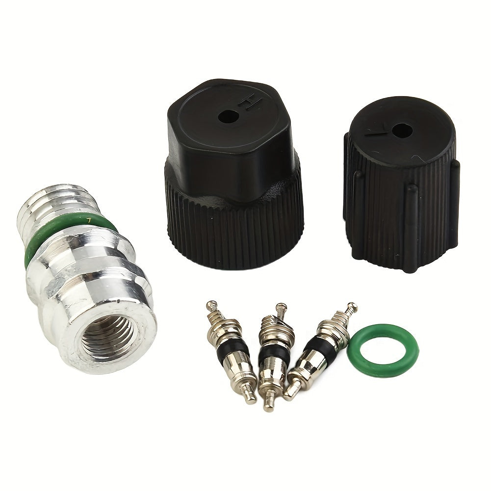 Kit includes 7 pieces of AC system caps and valve cores, designed for vehicle air conditioning maintenance with R134a refrigerant.